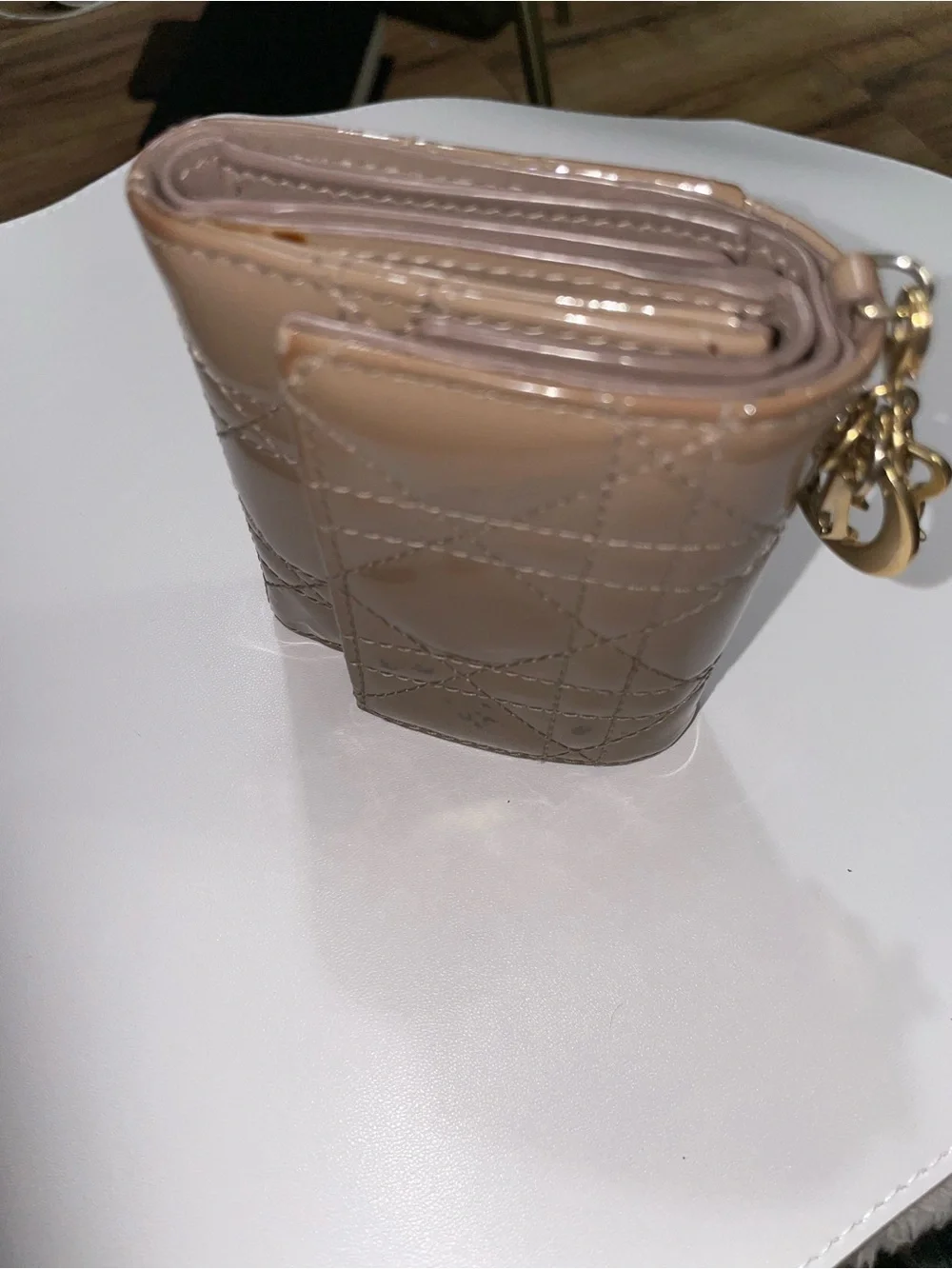 Authentic Christian Dior Patent Cannage Lady Dior Lotus Wallet Warm Taupe